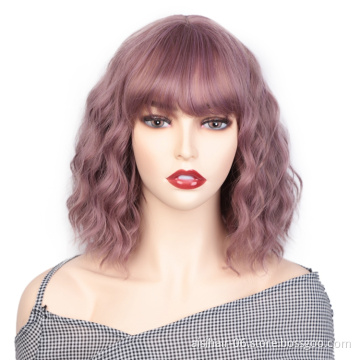 Aisi Hair Wholesale Hot Selling Light Purple Shoulder Length Bob Curly With Neat Bangs Fiber For Black Women Synthetic Hair Wigs